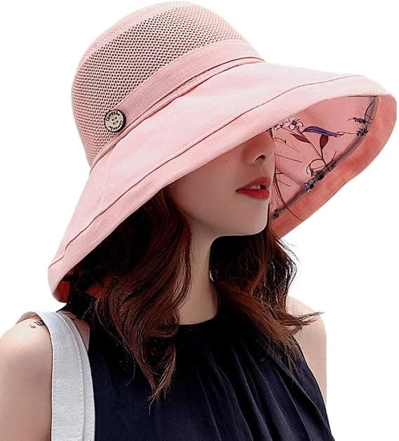 Mesh solhatter for kvinner - UPF UV-beskyttelse - Sammenleggbar - Bred brem - Hakestropp (Rosa)