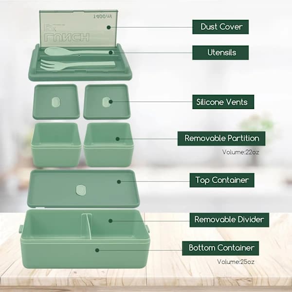 Stackable Lunch Box, 1400ml Container with 3 Removable Compartments and Cutlery, Leak-Proof 2-Layer Boxes (Green)