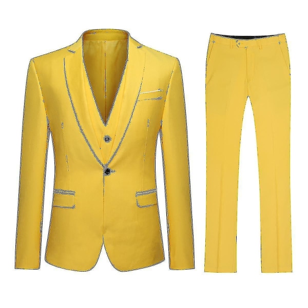 Herredragt Business Casual 3-delt jakkesæt blazerbukser Vest 9 farver Z Hotsælgende varer Yellow XL
