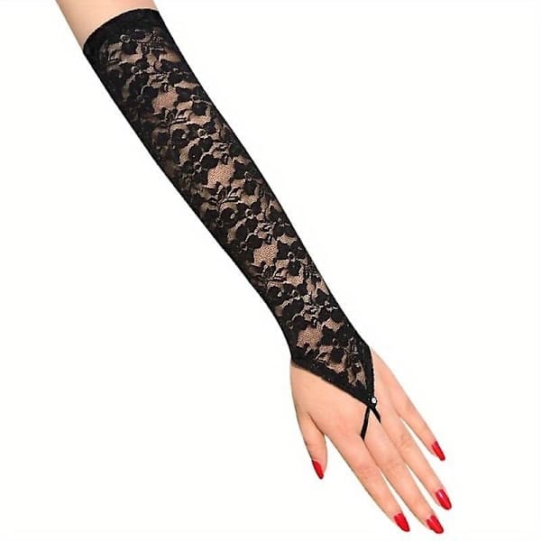 Blondehandsker 1 par blomstrede blonde- og tylnet-fingerløse handsker til kvinder, hvide