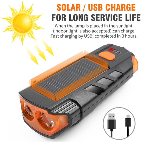 Solar-powered USB Bicycle Light with 6 Modes, Headlight for Cycling, Fits All Mountain and Road Bikes