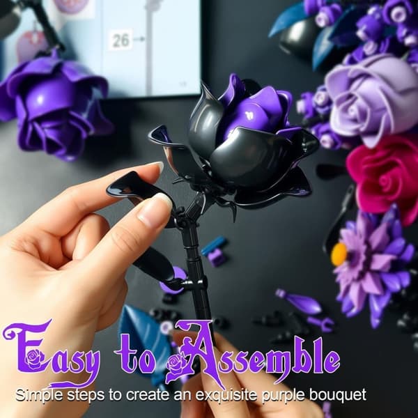 Purple Roses Building Block Set - Gothic Botanical Home Decor, 822 Pieces
