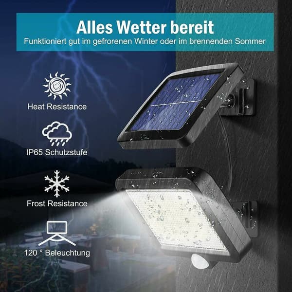 56 LED-solcellelampe til udendørs brug med bevægelsessensor, 120 vandtæt IP65 solcellelampe til have med 5 m kabel
