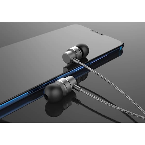 Sorte metalliske in-ear stereohovedtelefoner med kabel, mikrofon og 2,5 mm jackstik til iPhone, iPod, iPad og Samsung