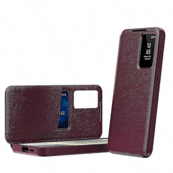 Smart View Window Leather Phone Case with Card Slot - TPU+PC+PU Protective Cover (Red, For Samsung Galaxy S24+ 5G)