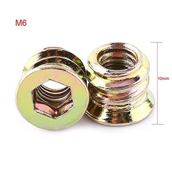 M6 x 10 mm kierretappi, puutappi, ruuvimutterit, sinkkiseoksesta valmistettu kierretty kuusiomutteri, ruuvattava kuusiokolo (100 kpl) M6×10