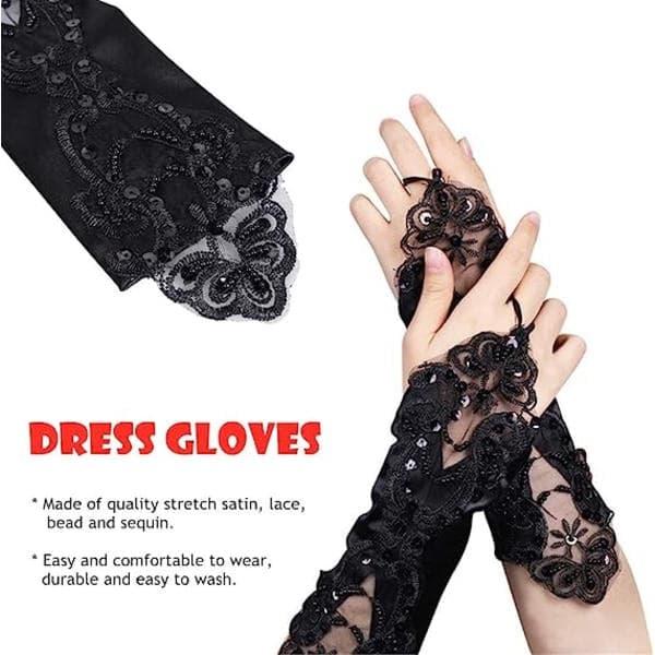 1 par blonde satin paillet brude fingerløse handsker (sort), en størrelse
