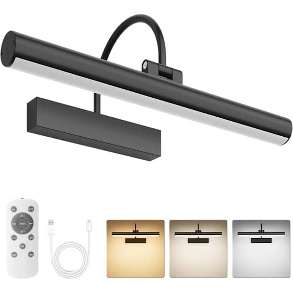 Rechargeable Picture Light with Remote Control, Dimmable and 3 Color Temperatures, Battery Operated Wall Lamp with Timer & Memory - Black