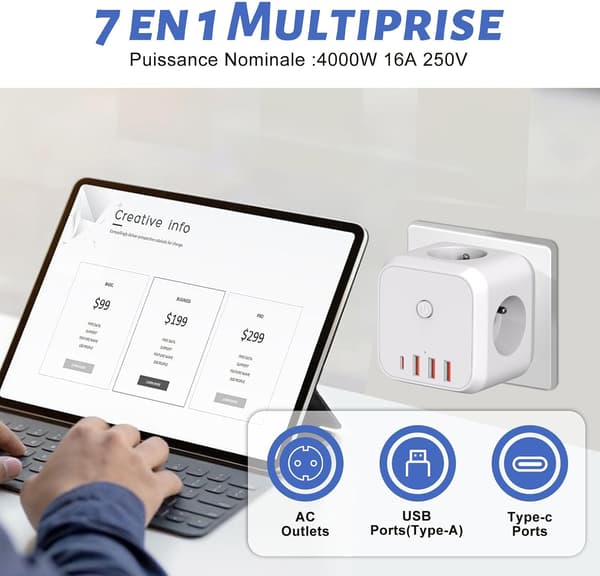 Terningformet stikkontakt-adapter 7-i-1 USB-lader 3 AC-uttak 4 USB-porter 4000W med strømbryter