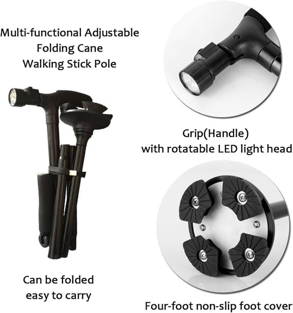 Black 1-piece folding cane with LED light, ergonomic gel handle, aluminum