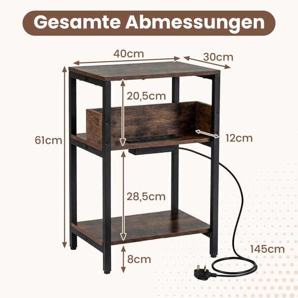 Sidebord med ladestasjon, 3 etasjer, rustikk brun