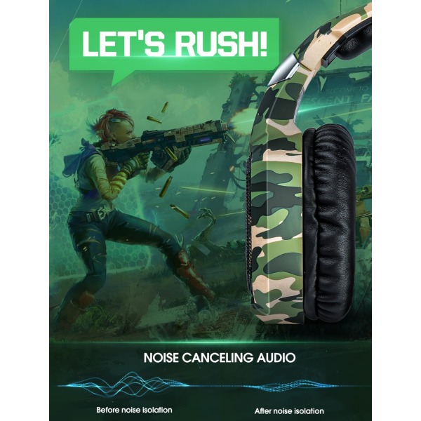 Gaming Headset med mikrofon til PS4 PS5 Xbox PC med RGB-lys, PlayStation-headset med støjreduktion 7.1 Surround Sound Over-Ear og kablet 3,5 mm-stik Camouflage green (ZXK90104)