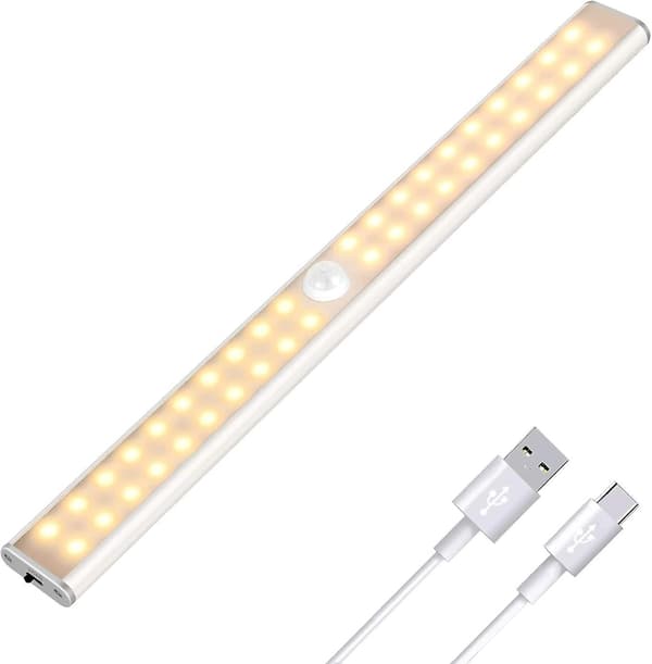 40 LED-lys for garderobe, bevegelsessensor, USB-oppladbar, 4 moduser, 30 cm varmt lys