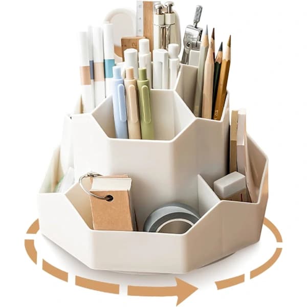 Pennholder, skrivebordsoppbevaring, stor kapasitet 360° roterbar beige