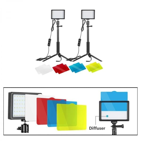 Justerbart USB LED-panel videolampesæt 5600K med 2 lamper, stativer og farvefiltre