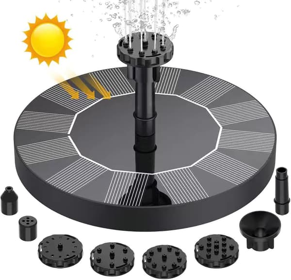Solcellsdriven fågelbadsfontänpump, 5.1\" vattenfontänpump med 6 munstycken, svart