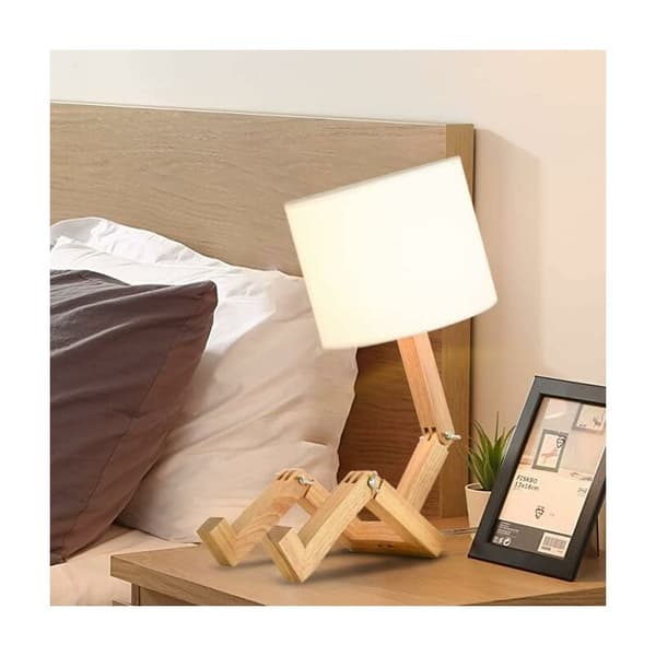 Creative Robot Table Lamp, Adjustable Can Hold Books Wooden Bedside Lamp with Fabric Shade E27 Screw for Decorative Lighting [Energy Class A]