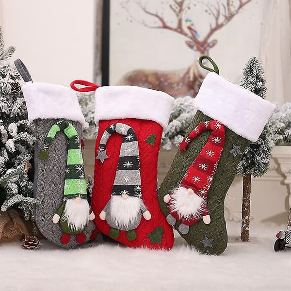 Julstrømpe Med Sød 3D Plys Lang Hat Svensk Nisse Julestrømpe Slik Gavepose Til Pejs Ophæng