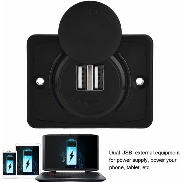 12V/24V USB-uttak for panelmontering, doble USB-porter, vanntett billader, 3,1A, mørkeblå