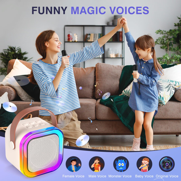 Bærbar Bluetooth Karaoke-maskine - Sjov for børn og voksne, inklusive 2 trådløse mikrofoner og lys, perfekt til fester og familiesammenkomster Beige 2pcs