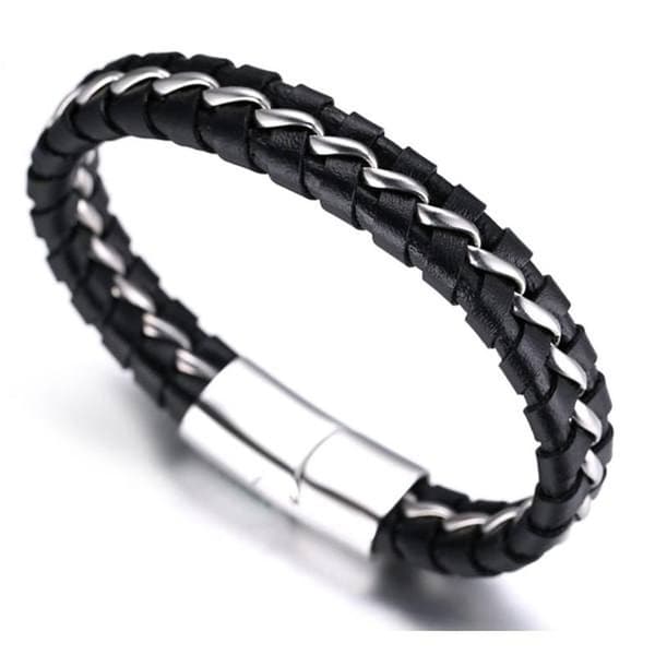 Drenge Ægte Læderarmbånd Sort. Titanium Sølv Kæde