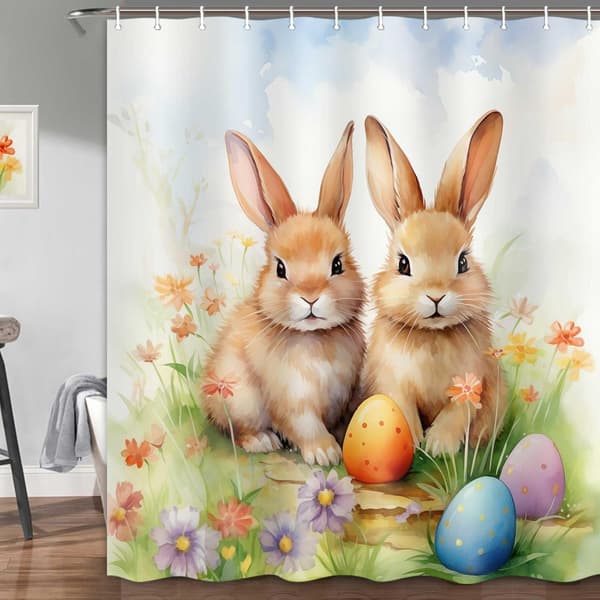 Duschdraperi för påsk, retro blommigt duschdraperiset med krokar 180x180 cm