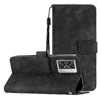 Compatible with OnePlus Nord N300 Embossed Butterfly Case with Wallet and Stand Function - Black Black Black