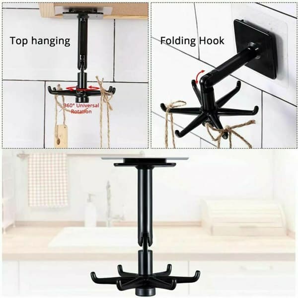 360° Rotating Foldable Hook Clothes Hanger Vertical Self-Adhesive Home Bathroom Kitchen, Black 4 Pieces
