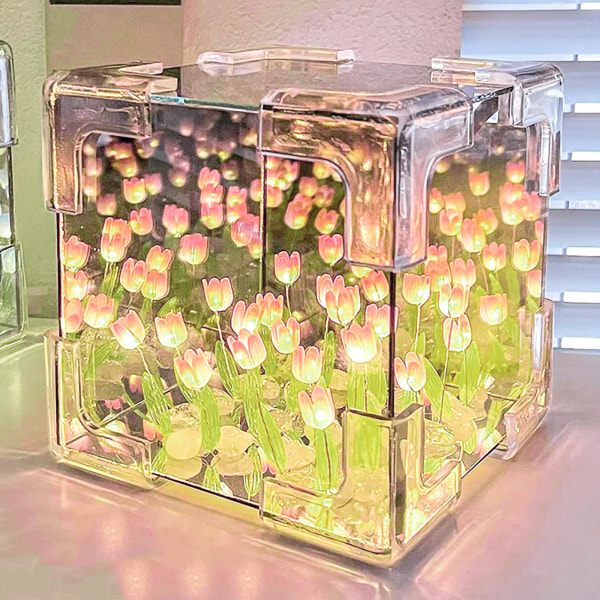 DIY Tulip Cube Mirror Lamp, Infinity Mirror Flower Lamp, Nursing Light, Dimmable Tulip Night Light, Flower LED Night Lights