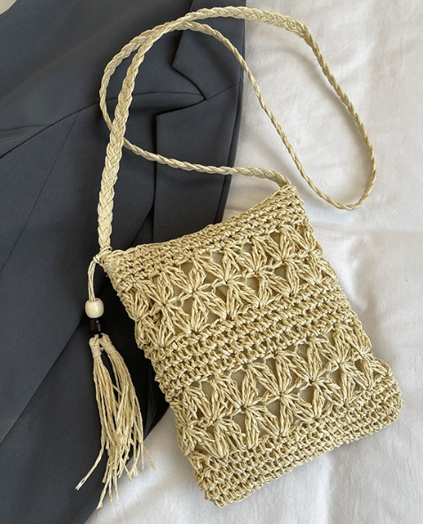 Woven Pattern Straw Bag Handmade Square Tassel Beach Date Woven Bag Off-White Off White off white