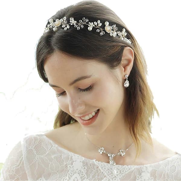 Bryllupstiara Krystal Imiterede Perler Blomst Hårtilbehør 38 cm