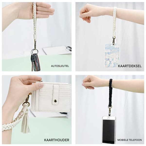 2 Woven Keychain Bracelets with Black White Patch Boho Lanyard Anti-loss Phone Strap