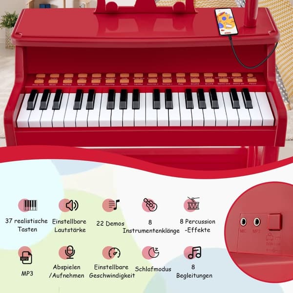 Barnkeyboardset med 37 tangenter, mikrofon och pall, röd