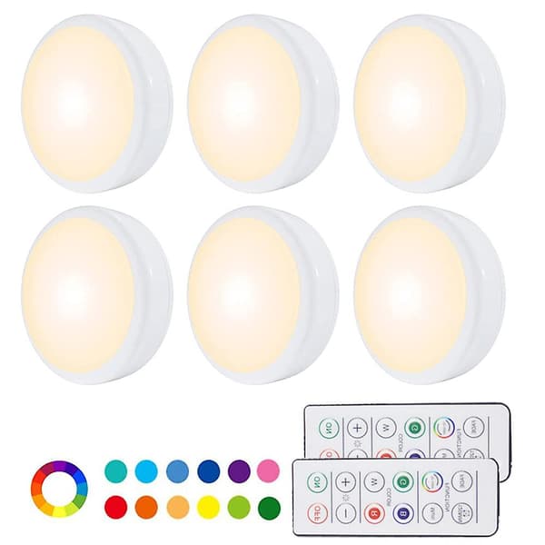 Night light with 16 colors, replaceable LED puck lights, battery operated, dimmable, under cabinet lighting, wireless, with 2 remote controls and timer 6 pcs 6 pcs