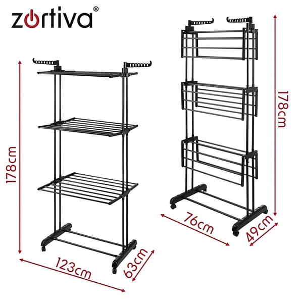 Vertikalt tørrestativ 178 cm med 3 niveauer og hjul, sammenklappeligt, jernramme