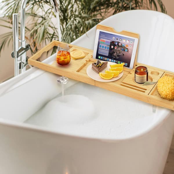Badekarbrett i bambu med justerbar bok- og vinholder