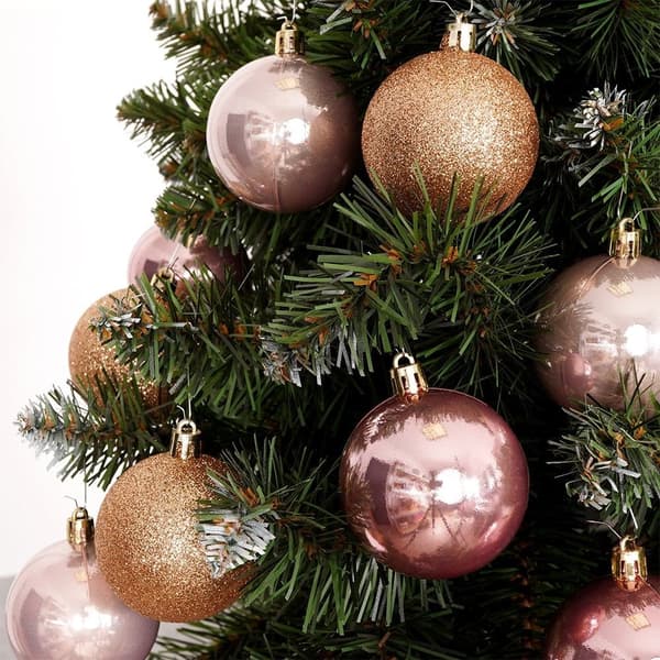 Sett med 12 knusesikre rosa juletrekuler - glitter & matt