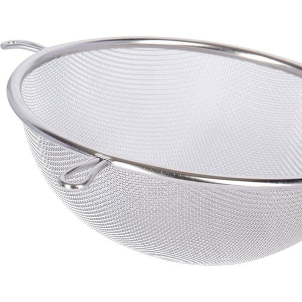 Stor sil med håndtak, fortinnet metall, for baking og matlaging, sølv