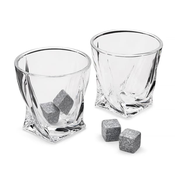 Vridde whiskyglass med 4 gjenbrukbare issteiner