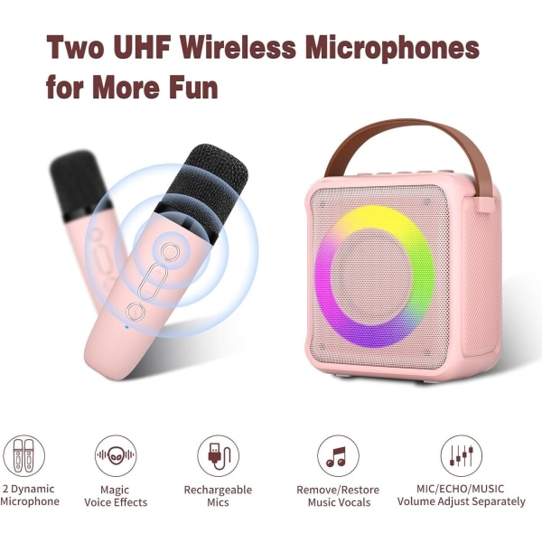 Karaokeleker for barn og voksne med 2 mikrofoner, bærbar karaoke-maskin pink