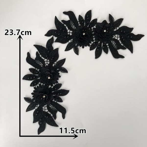 2 stk. 3D-blondeapplikationer sort blomstermønster perle- og rhinstensbort til syning