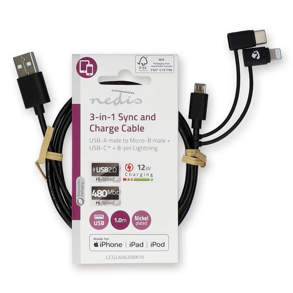 Nedis 3-in-1-kaapeli USB 2.0 USB-A-uros Apple Lightning 8-pin USB Micro-B USB-C 480 Mbps 1,00 m musta Svart