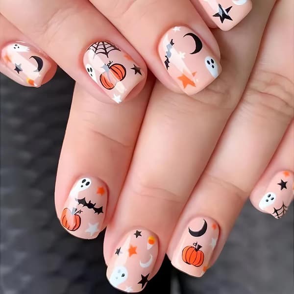 Halloween Press-on Nails Short Square - 24 Full Cover False Nails with Spooky Design-FX-