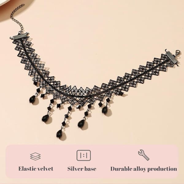 Gotiskt Chokerhalsband Svart Sammet Med Spets Justerbar