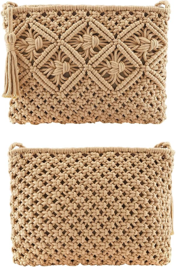 Skulderveske i strå for kvinner, retro, liten, 26x19 cm, bomull og polyester, dusker