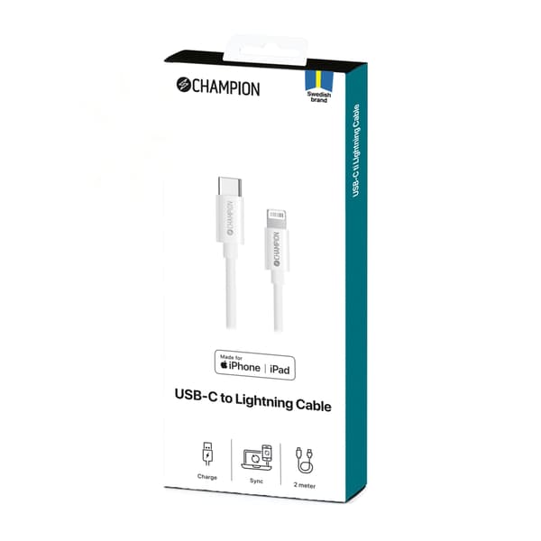 Champion USB-C til Lightning-kabel 2m Hvit MFI Hurtiglading