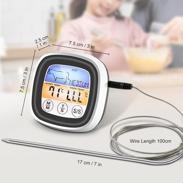 Digital Kitchen Thermometer with Touch Screen - Meat and BBQ Temperature Gauge with Probe and Blue LCD