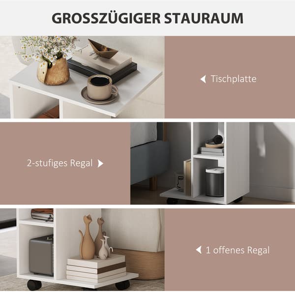 C-format Sidobord Soffbord med Hjul, Vit, 45 x 35 x 58 cm