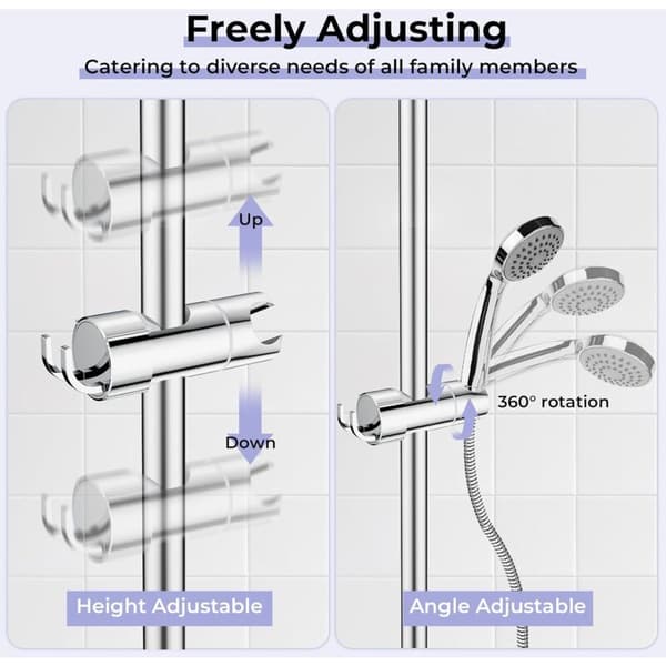 Adjustable Shower Holder with 2 Hooks, Universal Shower Head Holder for 16-27mm Shower Bar, ABS Chrome Handheld Shower Bracket, Easy Installation