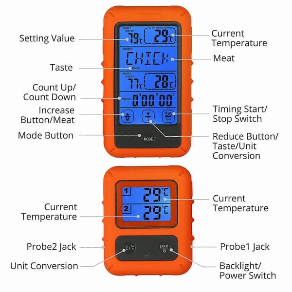 Digitalt Trådløst Kødtermometer med 2 Sendere til Ovn, Grill og BBQ